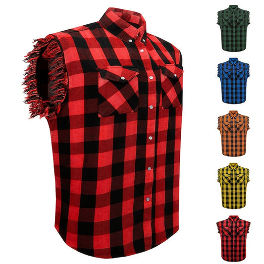 Men's Plaid Sleeveless Shirt with Fringe Hem, Checkered Cotton Button-Up Vest Top, Crew Neck Regular Fit for Streetwear Beach Vacation