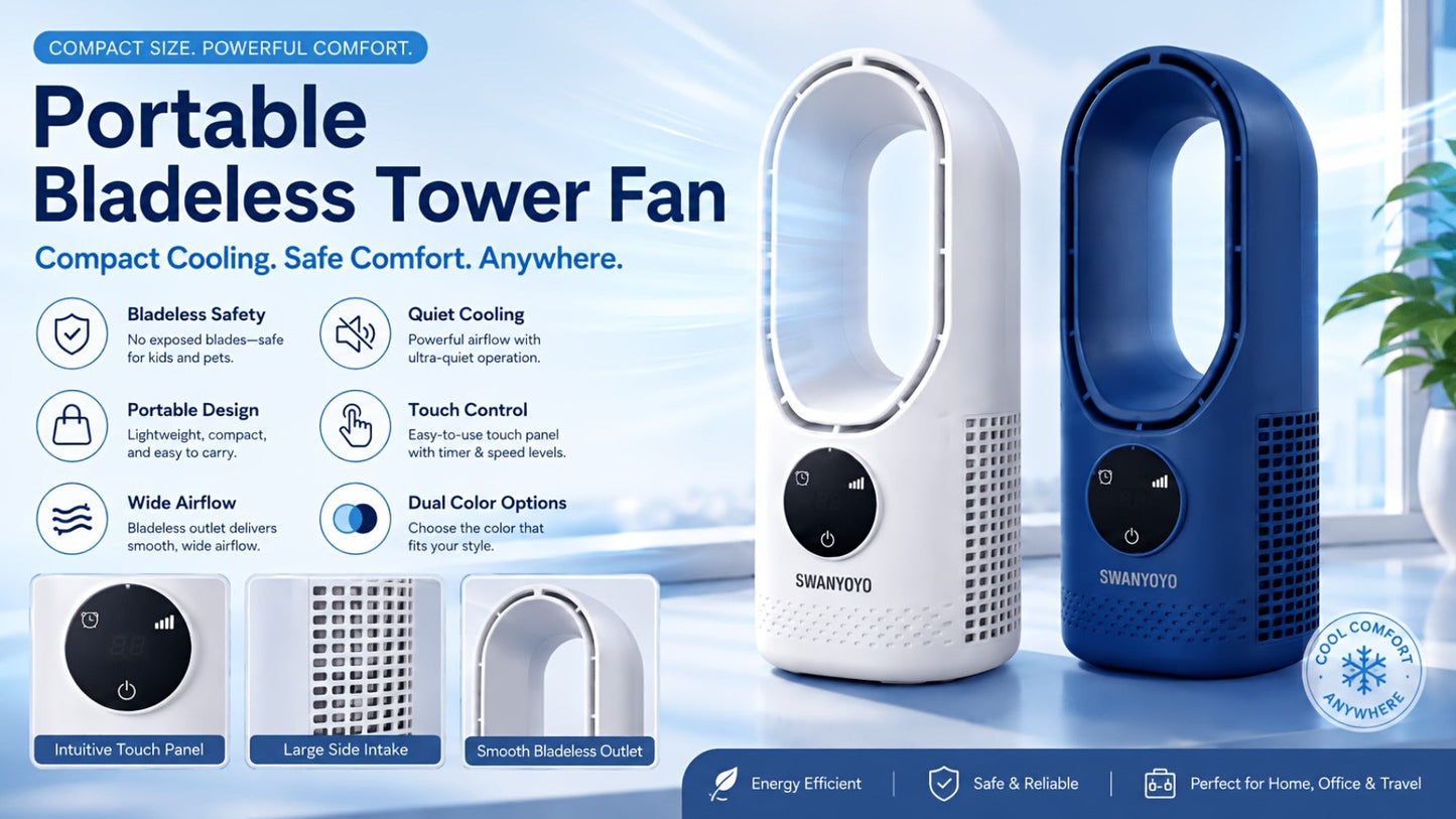 Portable Fan USB-Powered Bladeless Tower Model with Water Mist, Remote, Touch Controls and LED Light