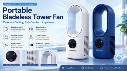 Portable Fan USB-Powered Bladeless Tower Model with Water Mist, Remote, Touch Controls and LED Light