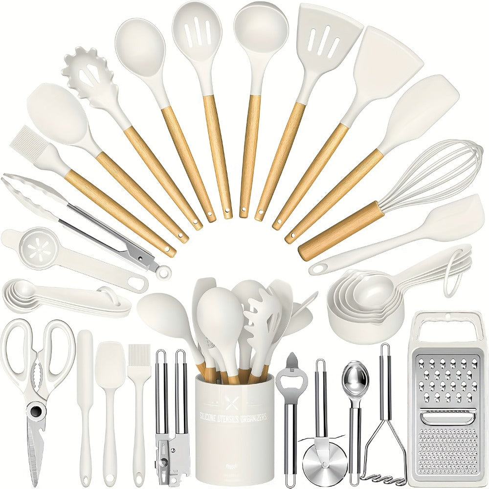 Silicone Kitchen Utensils Set 34-Piece with Holder, Heat Resistant Cooking Spatula Tools for Nonstick Cookware