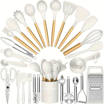 Silicone Kitchen Utensils Set 34-Piece with Holder, Heat Resistant Cooking Spatula Tools for Nonstick Cookware
