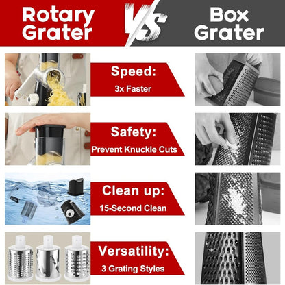 Rotary Cheese Grater, Stainless Steel Hand Crank Shredder with 3 Interchangeable Blades, Suction Base & Cleaning Brush