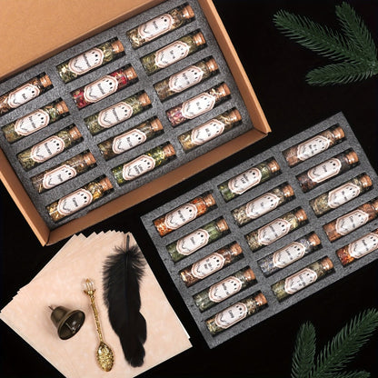 43-Piece Dried Herbs & Flowers Witch Ritual Kit, Sachet Supplies Set with Crystal Spoon, Black Feather & Bell for Pagan Spells