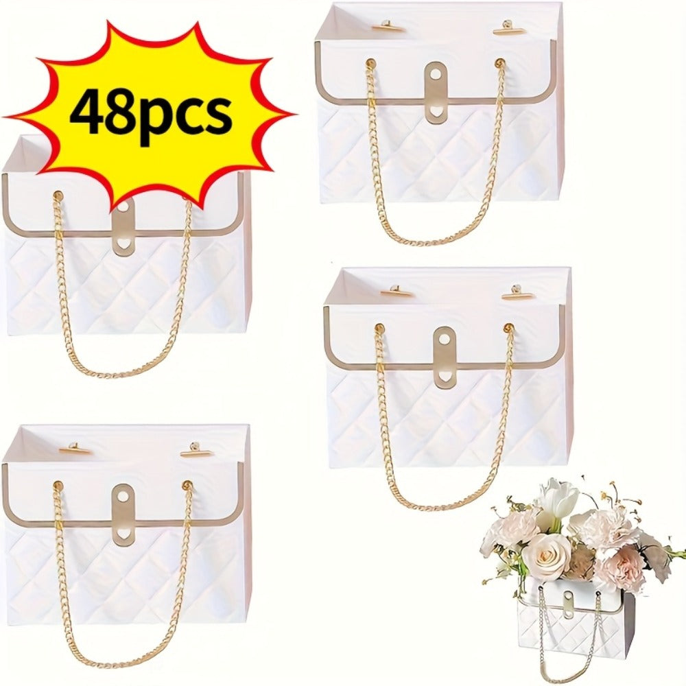 Paper Flower Bouquet Gift Bags with Metal Chain Handle Bulk – 12/24/36/48 Pcs Tote Bags for Wedding Party Birthday Florist Graduation