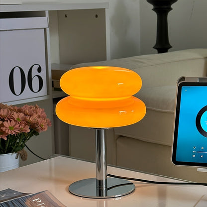 Table Lamp with Orange Three-Tier Glass Mushroom Shade, Metal Stand and Dimmable Bedside Format