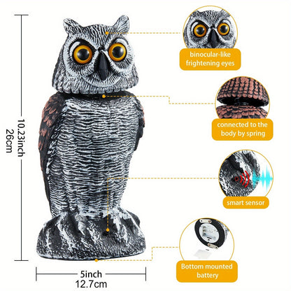 Rotating Head Fake Owl Decoy Bird Deterrent, Battery Powered Plastic Scarecrow Repellent for Garden Yard Patio