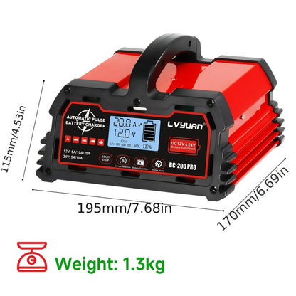 Smart Battery Charger Maintainer 12V 20A 24V 10A 8-Stage with Temperature Compensation for LiFePO4 Lead Acid Car Truck Motorcycle Boat