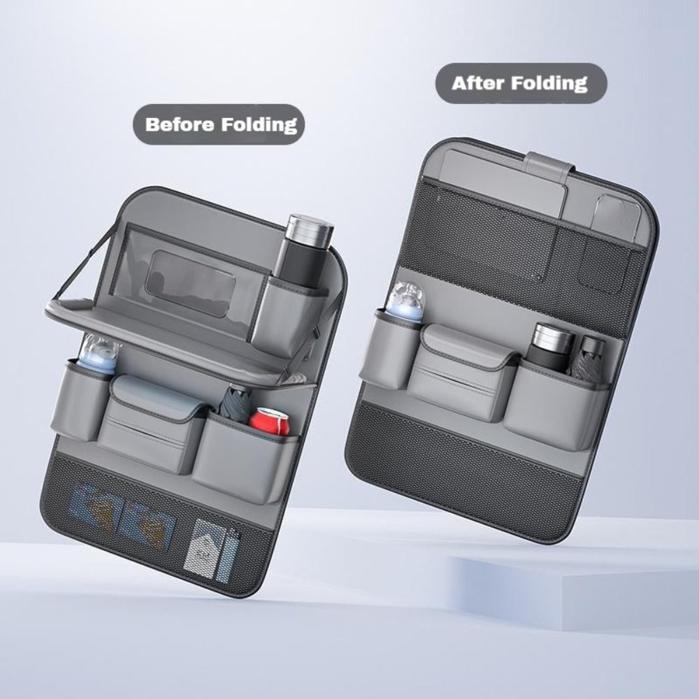 Faux Leather Car Seat Back Organizer with Foldable Tray and Tablet Stand in Black, Gray or Brown, One- or Two-Piece Packs