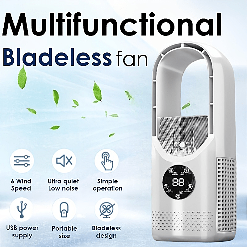 Portable Fan USB-Powered Bladeless Tower Model with Water Mist, Remote, Touch Controls and LED Light