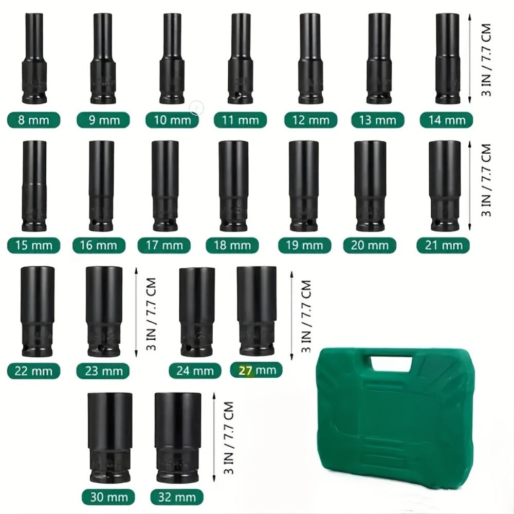 Half-Inch Drive Deep Metric Socket Set with 10- or 20-Piece Checkout Options and Green Carry Case