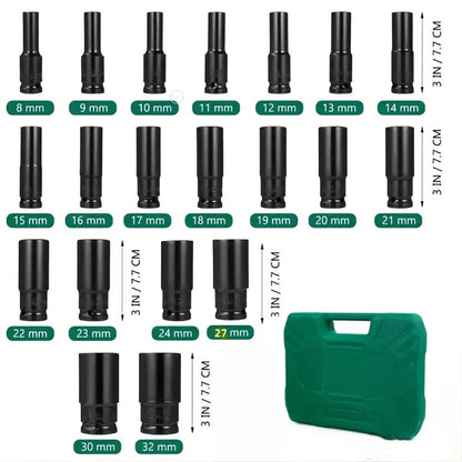 Half-Inch Drive Deep Metric Socket Set with 10- or 20-Piece Checkout Options and Green Carry Case