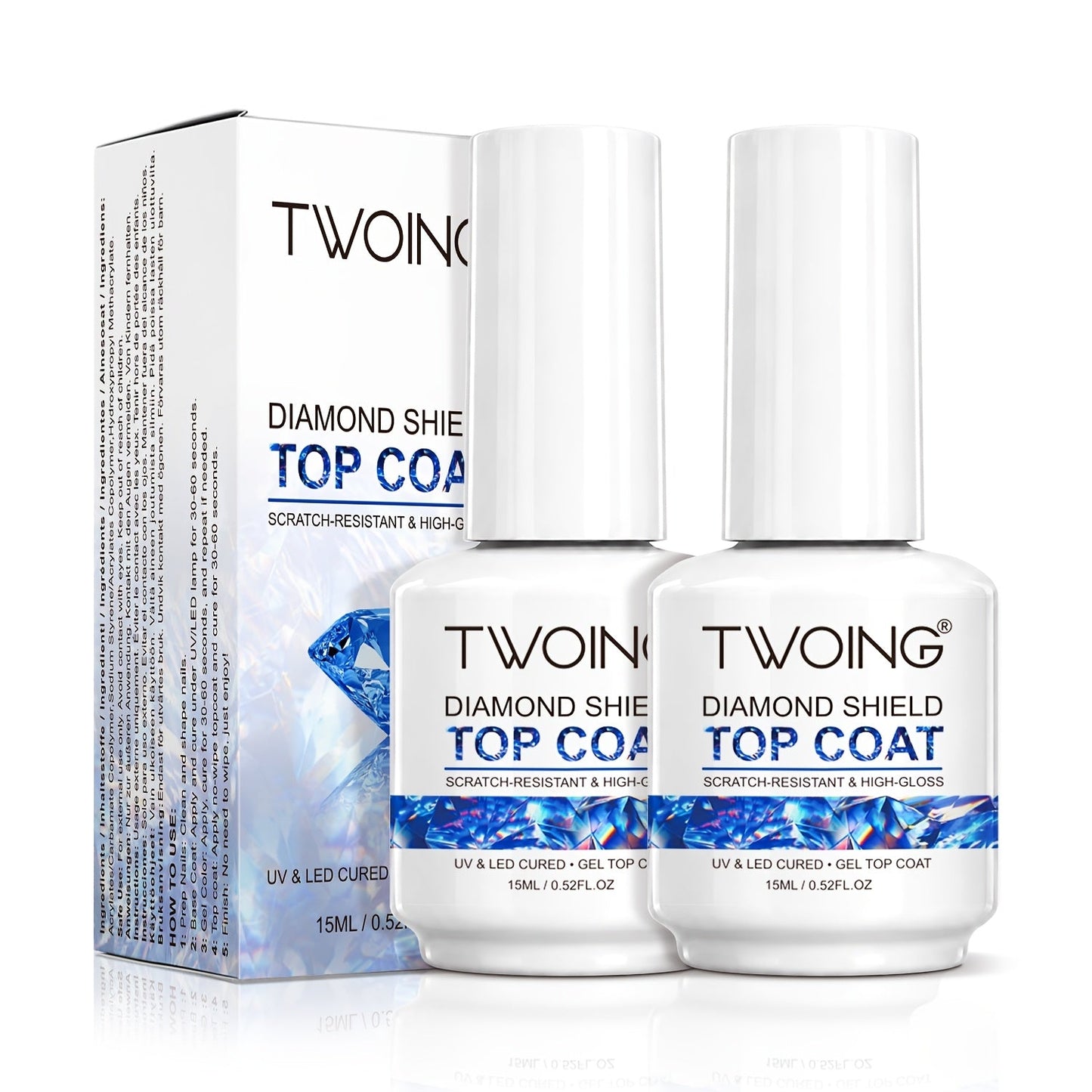 No-Wipe Gel Top Coat 2-Pack Diamond Shine High Gloss – LED Soak-Off Nail Sealer, Long-Lasting Scratch-Resistant Crystal Clear Finish
