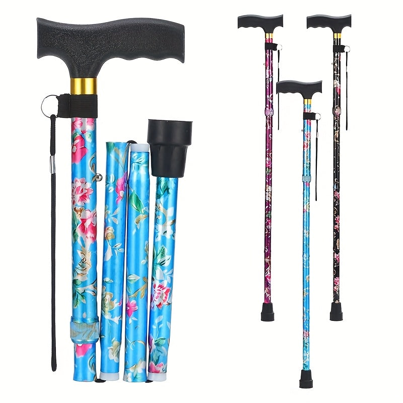 Foldable Walking Cane for Seniors Adjustable Height Folding Stick with Wrist Strap T-Handle for Entryways, Bedrooms and Living Spaces