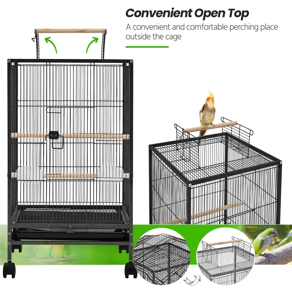 Bird Cage with Rolling Stand Open Top 31 Inch Wrought Iron Black – Slide Out Tray Feeder Doors, for Everyday Bird and Small Animal Care