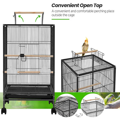 Bird Cage with Rolling Stand Open Top 31 Inch Wrought Iron Black – Slide Out Tray Feeder Doors, for Everyday Bird and Small Animal Care