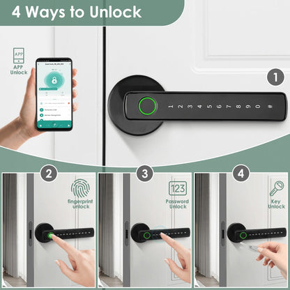 Aluminum Alloy Smart Door Handle Lock 4-in-1 with Fingerprint, Password, App & Key, Left & Right Hand Compatible