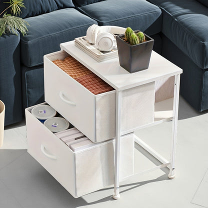Nightstand with 2 Storage Drawers, 20" Bedside Table with Wooden Top & Fabric Cabinet, Steel Frame Mini Dresser for Bedroom