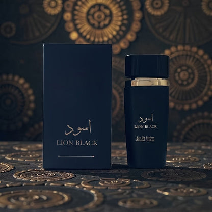 Men's Cologne Lion Black 100ml Eau de Parfum Spray in Deep Blue Cylindrical Bottle with Matching Box