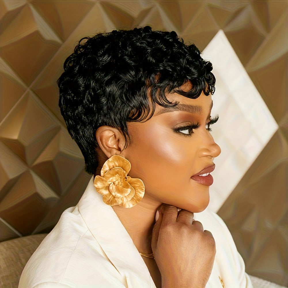 Wig Short Curly Pixie Bob in Natural Black, 6-Inch Human Hair with Bangs and Machine-Made Glueless Cap
