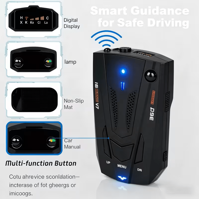 Radar Detector for Cars V7 Upgraded Chip 360 Degree Signal Reception City Highway Mode Compact Design Long Range Detection Speed Camera