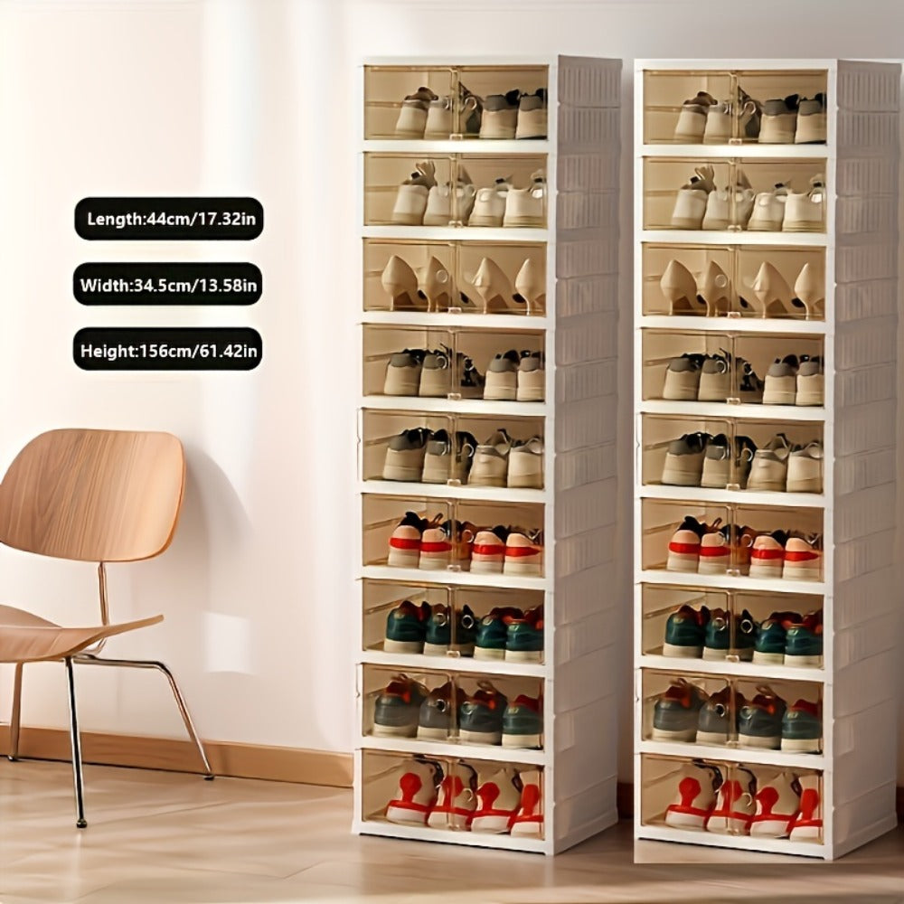 Shoe Rack Organizer 9-Tier, Collapsible Clear Plastic Foldable Stackable Shoe Cabinet with Shelves & Doors