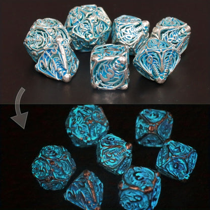 Metal Skull Dice Set 7pcs Glow in the Dark, Hollow UV Fluorescent Polyhedral DnD RPG Dice for Dungeon Masters