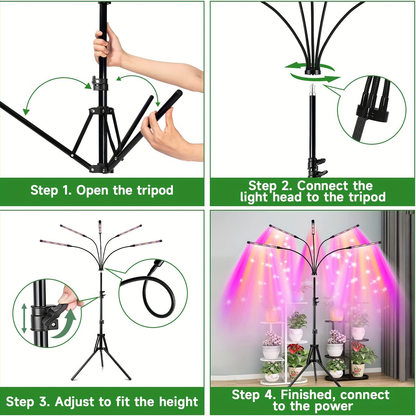 Adjustable Floor Tripod LED Plant Lamp with RF Remote, 4 or 5 Flexible Heads and 29-61in Stand