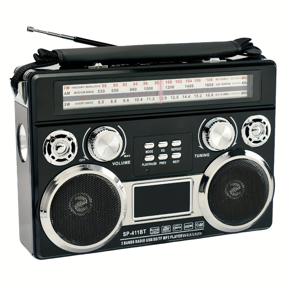 Solar Powered Bluetooth Radio Retro Portable AM FM SW with LED Flashlight, TF SD USB AUX MP3 Playback
