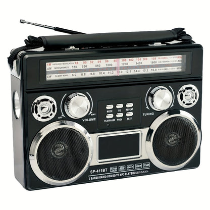 Solar Powered Bluetooth Radio Retro Portable AM FM SW with LED Flashlight, TF SD USB AUX MP3 Playback