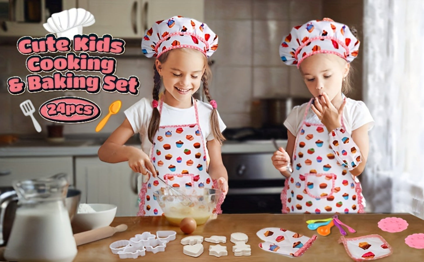 Kids Cooking & Baking Set 24 PCS, Chef Hat & Apron Dress-Up Costume with Baking Accessories for Girls Boys Ages 3-10