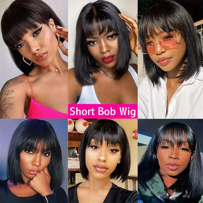 Straight Bob Human Hair Wig with Full Machine-Made Cap, Black Finish and Bangs, 8–16 Inch Options