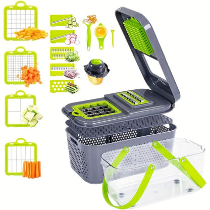 22-in-1 Vegetable Chopper with Gray Container, 13 Blade Inserts, Lemon Squeezer and Egg Separator Accessories