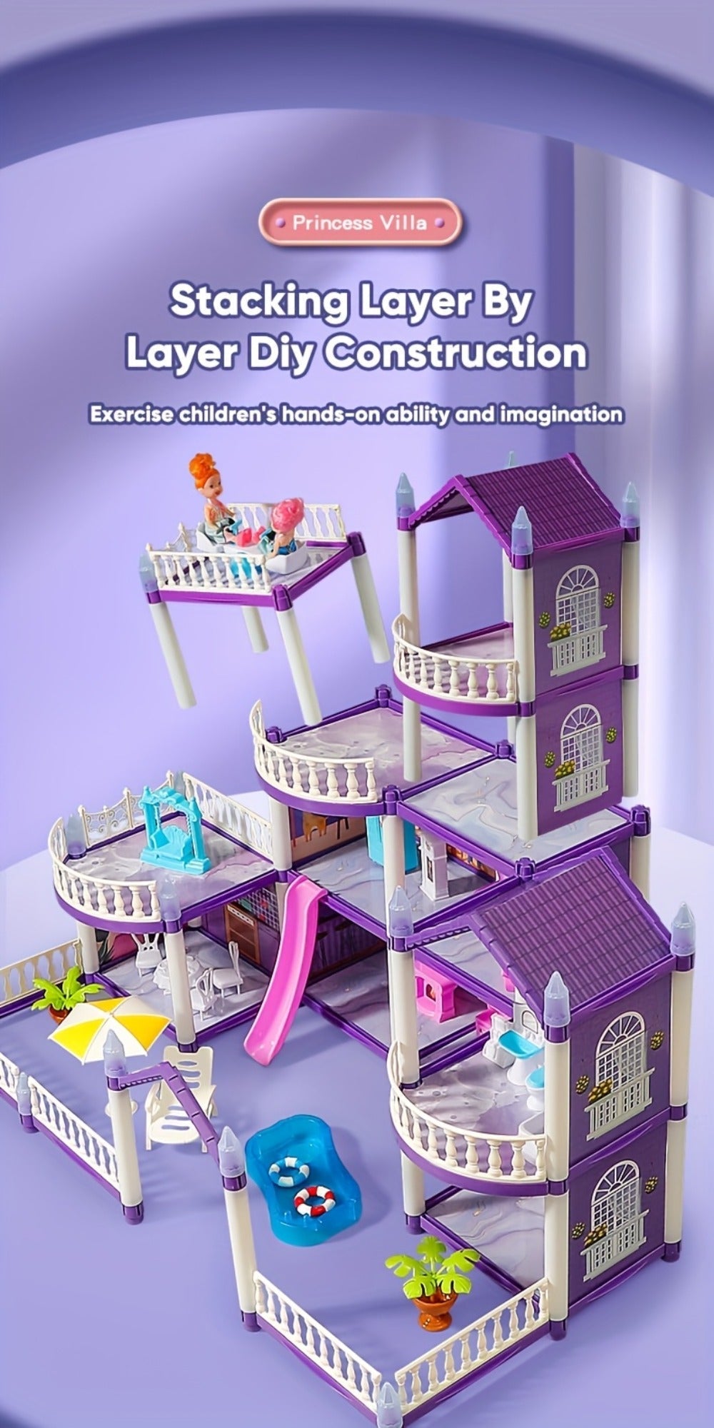 LED Dollhouse Playset for Girls, Purple Multi-Room Playhouse with Doll Figures, Puppies, Furniture & LED Lighting