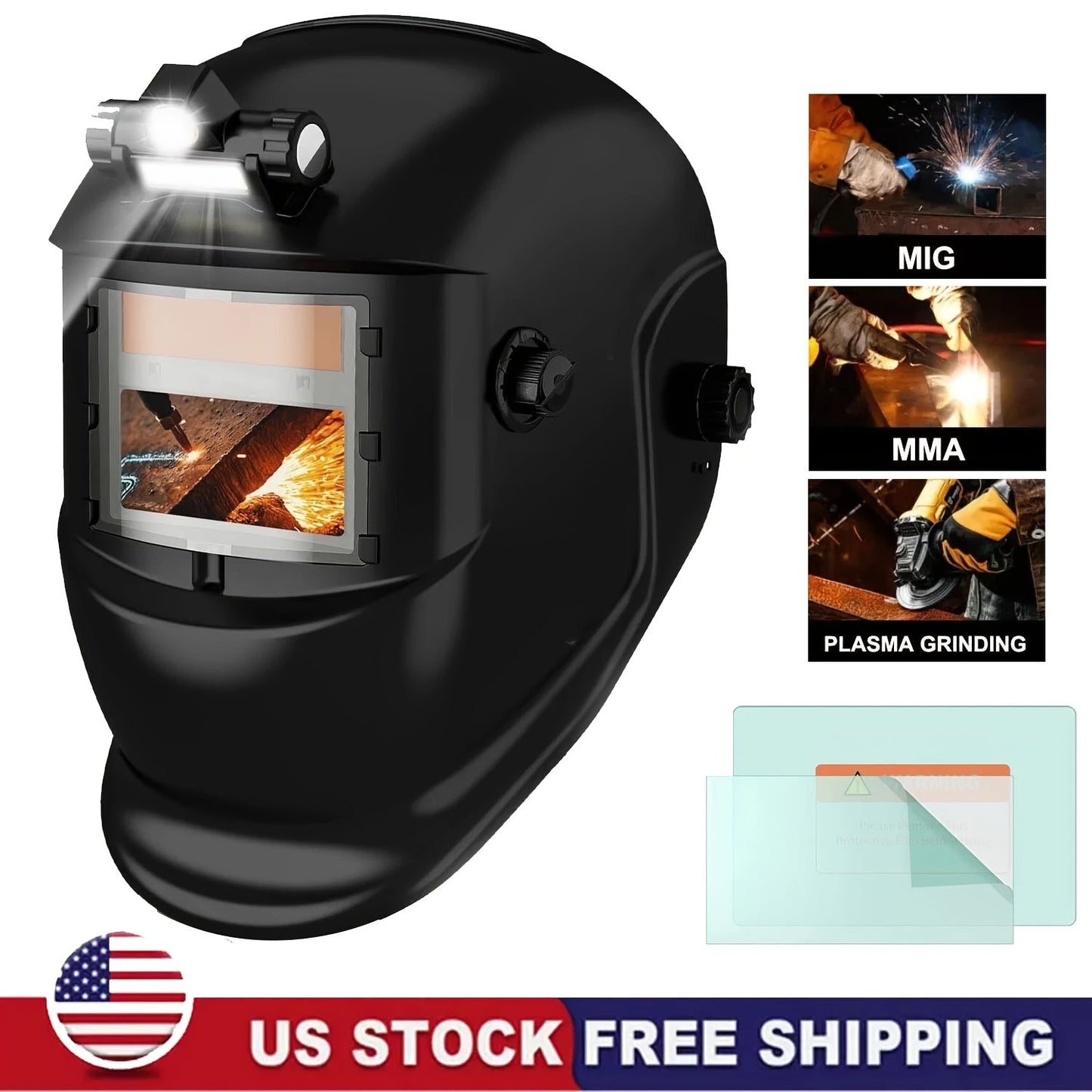Black Auto-Darkening Welding Helmet with Wide Rectangular Lens, Top-Mounted Headlight and Adjustable Headgear