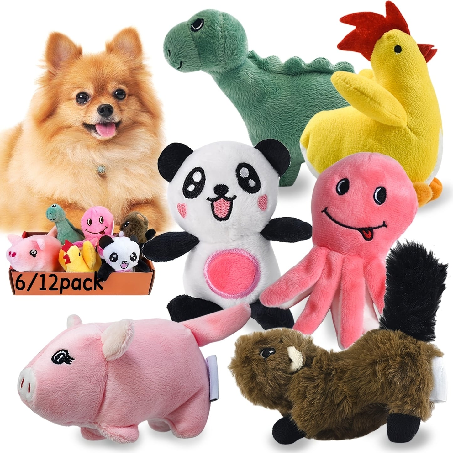 Stuffed Squeaky Dog Toys for Small Dogs 6 or 12 Pack Cute Cartoon Plush Chew Toy Bulk Set with Squeakers – Soft Pet Toy for Puppies