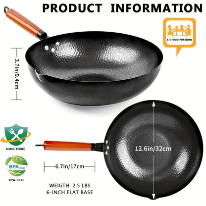 Cast Iron Wok Set 14 Piece 12.6 Inch Flat Bottom Stir Fry Pan with Lid Spatula Accessories for Home Cooking, Dining and Outdoor Meals