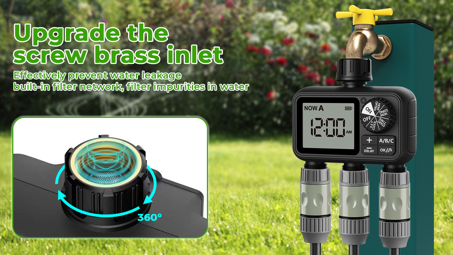 3-Zone Sprinkler Timer with Auto/Manual/Rain Delay Modes, Programmable Garden Hose Irrigation Controller