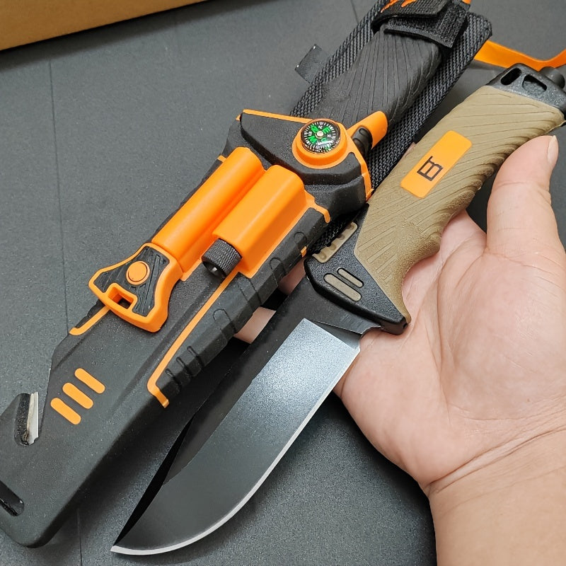Fixed Blade Outdoor Camping Knife 9.64 Inch Stainless Steel, Survival Hunting Knife with Flint Fire Starter Night Light Sharpener Safety