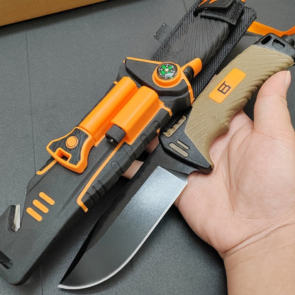 Fixed Blade Outdoor Camping Knife 9.64 Inch Stainless Steel, Survival Hunting Knife with Flint Fire Starter Night Light Sharpener Safety