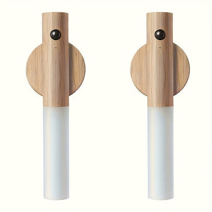 Night Light Motion Sensor Wall Lamp 2-Pack with USB Rechargeable Power, Magnetic Mount and Two Wood-Tone Finishes