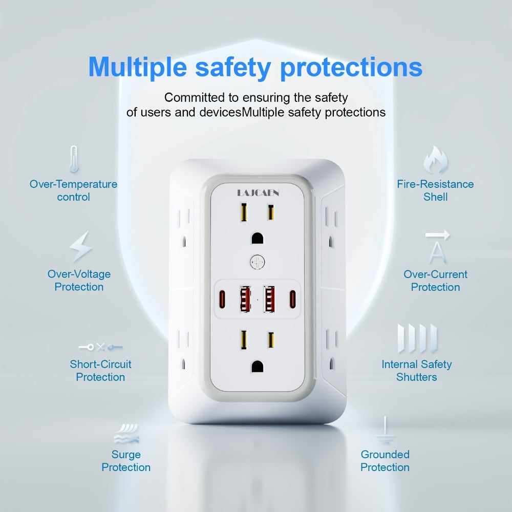 Outlet Splitter Wall Expander 10-in-1 with 6 AC Outlets 2 USB-A 2 USB-C Ports 3-Sided Plug for an Everyday Personal Care Routine