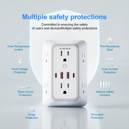 Outlet Splitter Wall Expander 10-in-1 with 6 AC Outlets 2 USB-A 2 USB-C Ports 3-Sided Plug for an Everyday Personal Care Routine