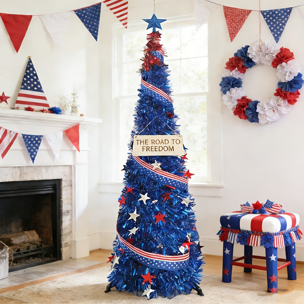 4th of July Decorative Tree 5ft LED Light, Foldable Patriotic Stars & Stripes Blue Christmas Tree with Red White Blue LED String Lights
