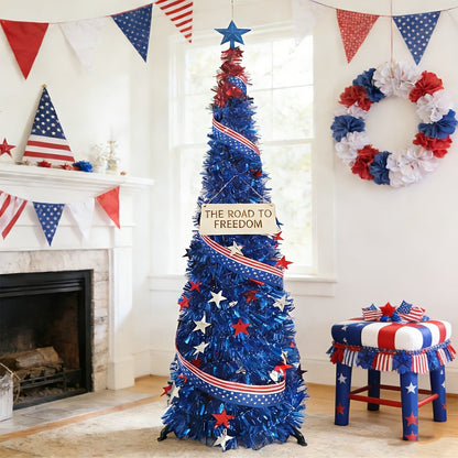 4th of July Decorative Tree 5ft LED Light, Foldable Patriotic Stars & Stripes Blue Christmas Tree with Red White Blue LED String Lights