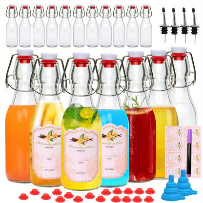 Glass Swing Top Bottles 8.45oz, Round Iron Clasp Airtight Bottle Set with Funnel for Juice, Kombucha