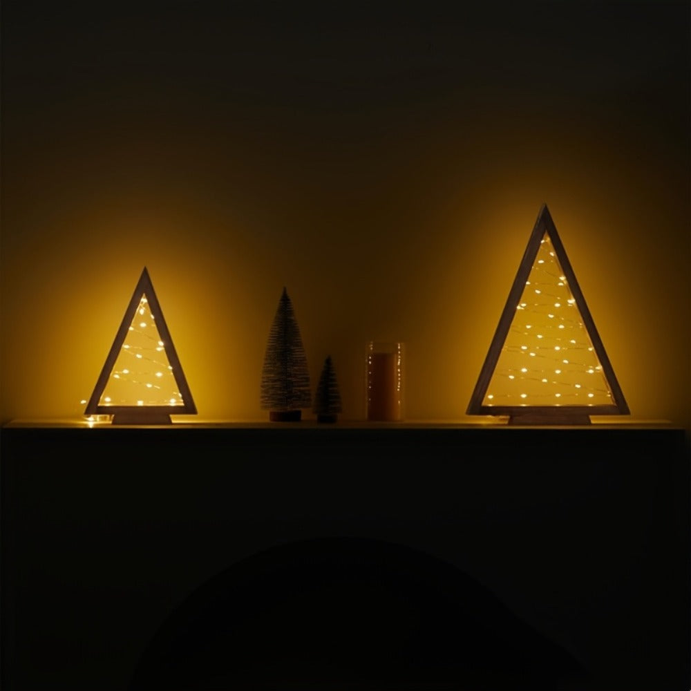 Wooden Light-Up Desktop Christmas Trees USB Powered - Mini Lighted Wood Tree Set for Holiday Decoration