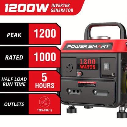 Portable Generator 1200W 2-Stroke Low Noise - Compact Gas Powered Generator for Camping, Job Sites