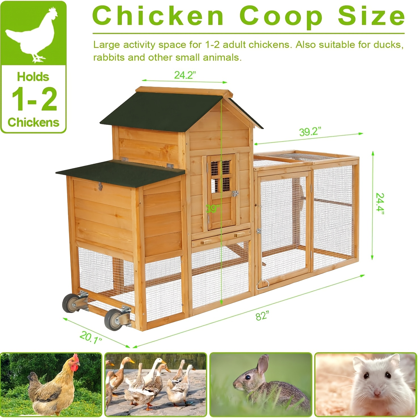 Chicken Coop with Run Large Outdoor Wooden Hen House 82 Inch Walk-in Poultry Cage for 2-4 Chickens Ducks for Garden, Patio and Yard Use