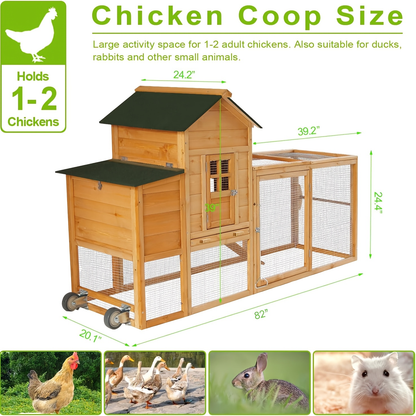 Chicken Coop with Run Large Outdoor Wooden Hen House 82 Inch Walk-in Poultry Cage for 2-4 Chickens Ducks for Garden, Patio and Yard Use