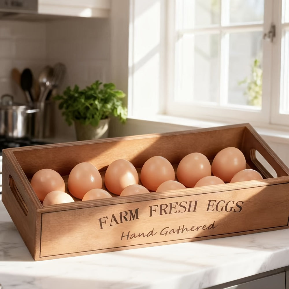 Farmhouse Wooden Egg Holder Rack 2pcs – 24 Egg Storage Display with Handle for Kitchen, Farm, Easter